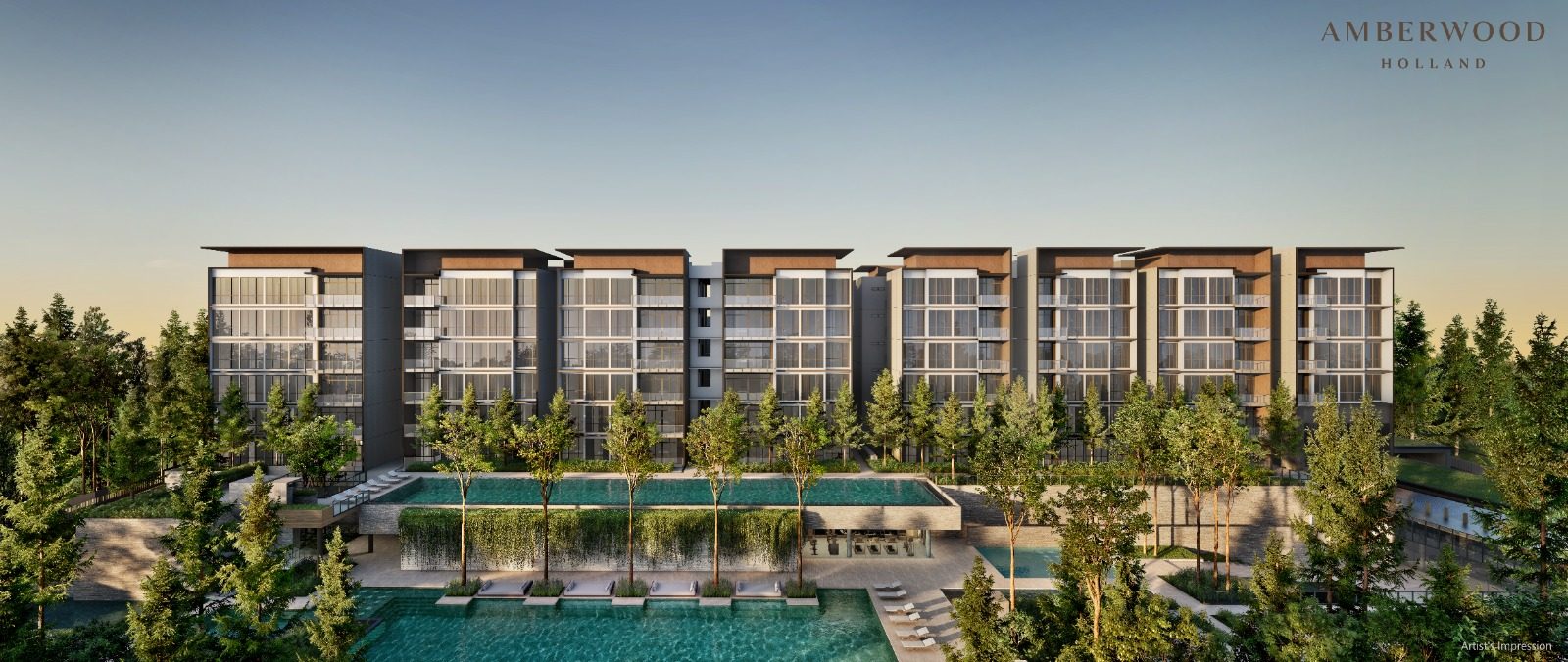 Amberwood At Holland — artist's impression of the development exterior and lap pool