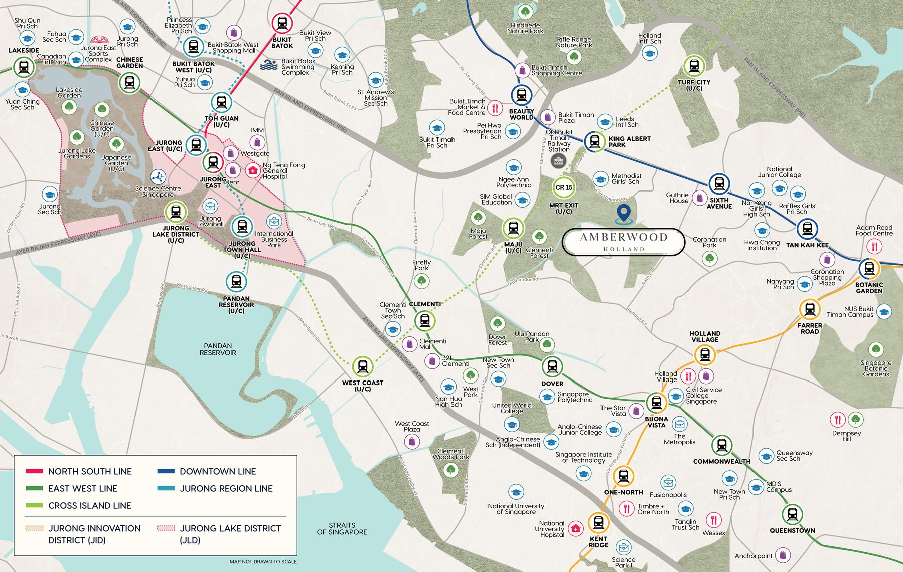 Map showing Amberwood At Holland's location relative to MRT lines, schools, parks and amenities